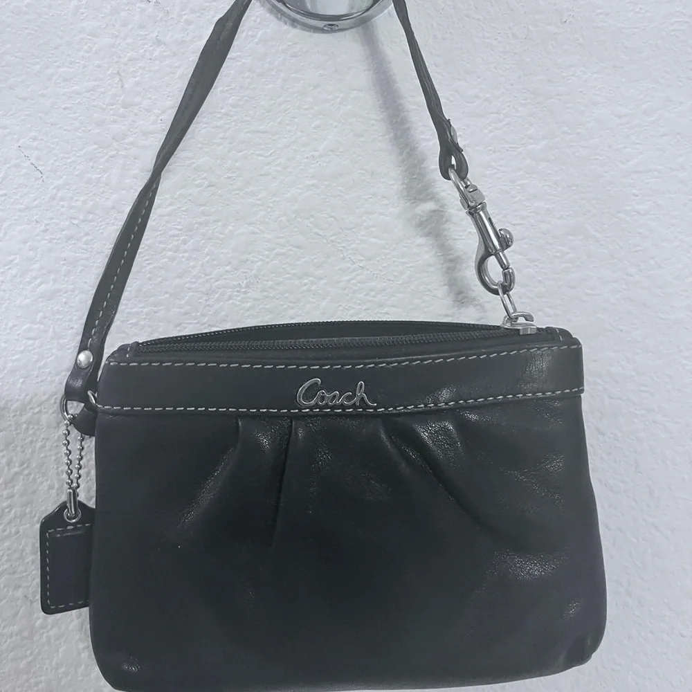 Authentic Coach Black Leather Wristlet with Silver Hardware